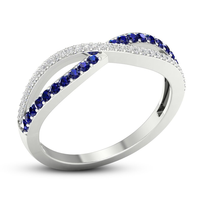 Blue Sapphire Wave Ring 1/10 ct tw Diamonds 10K White Gold