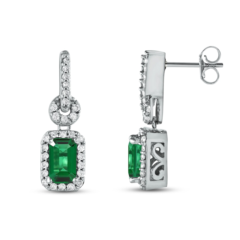 Emerald Dangle Earrings 1/6 ct tw Diamonds 10K White Gold