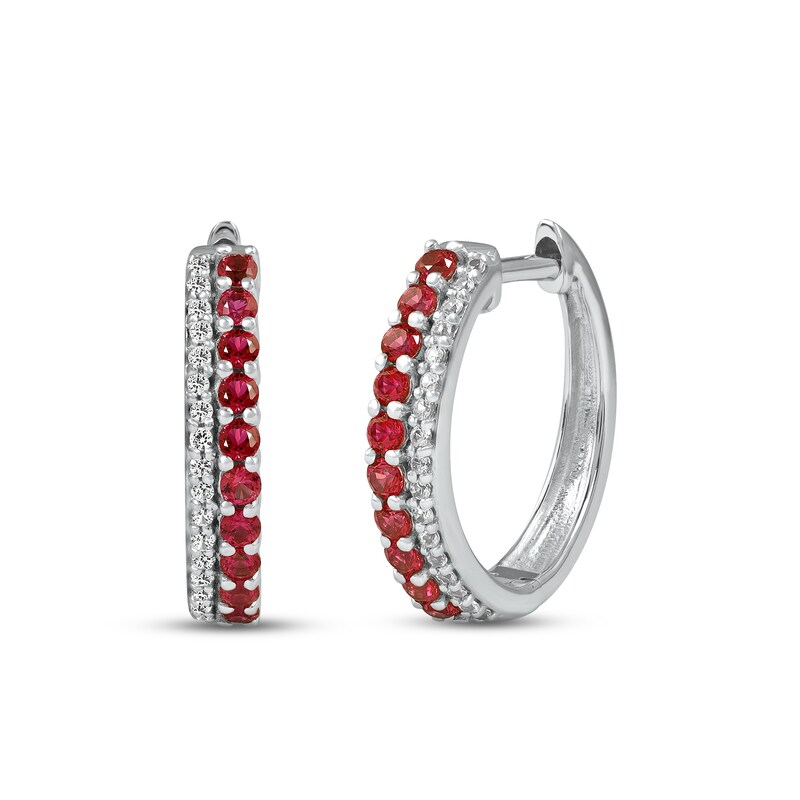 Main Image 1 of Lab-Created Ruby & White Lab-Created Sapphire Hoop Earrings Sterling Silver