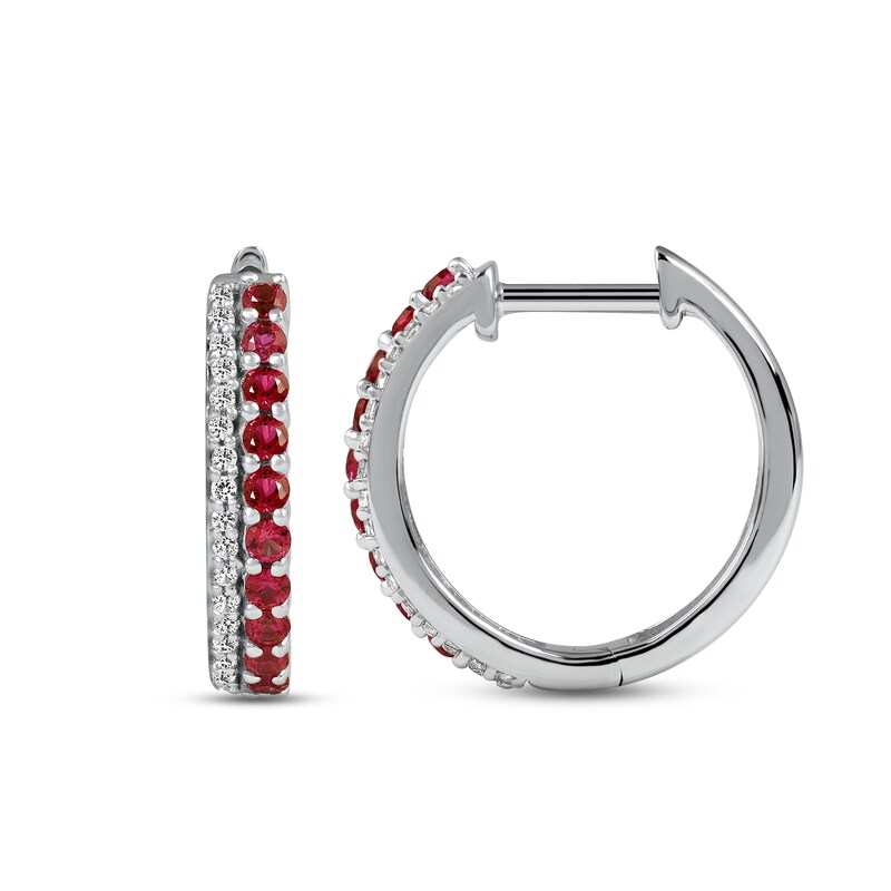 Main Image 3 of Lab-Created Ruby & White Lab-Created Sapphire Hoop Earrings Sterling Silver