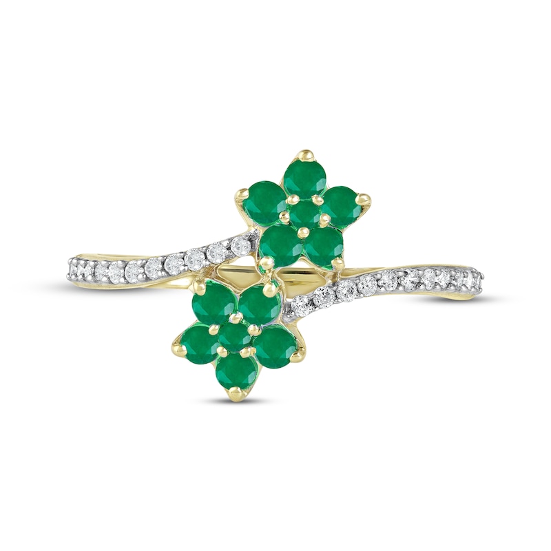 Emerald Flower Ring 1/8 ct tw Diamonds 10K Yellow Gold