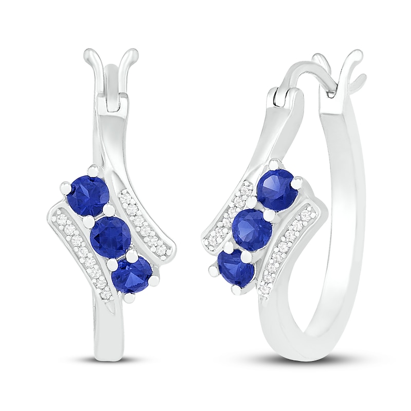 Main Image 1 of Blue Lab-Created Sapphire & Diamond Hoop Earrings 1/15 ct tw Sterling Silver