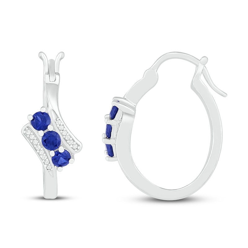 Main Image 2 of Blue Lab-Created Sapphire & Diamond Hoop Earrings 1/15 ct tw Sterling Silver