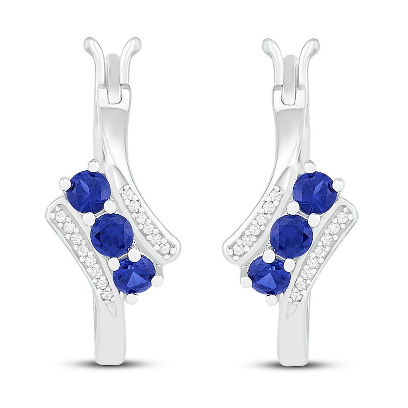 Main Image 3 of Blue Lab-Created Sapphire & Diamond Hoop Earrings 1/15 ct tw Sterling Silver