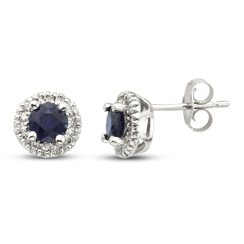 Main Image 1 of Certified Blue Sapphire & Diamond Earrings 1/8 ct tw 14K White Gold