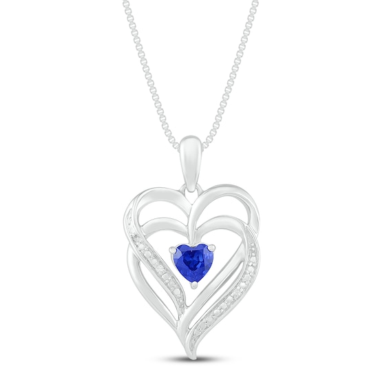 18 Chain 3 Stone Sapphire and Diamond Open Heart Pendant Necklace in Sterling Silver 