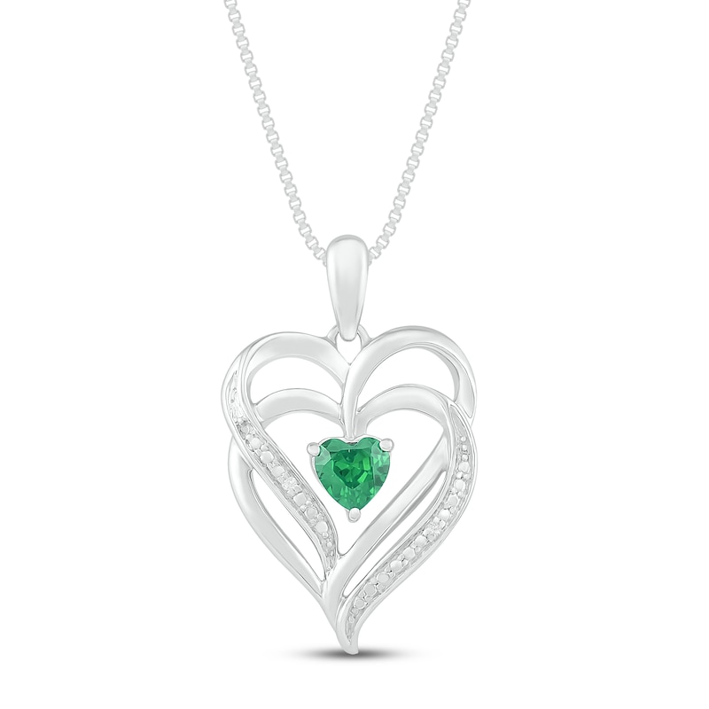 Main Image 1 of Lab-Created Emerald & Diamond Heart Necklace Sterling Silver 18&quot;