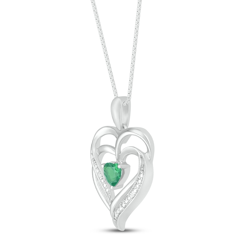 Main Image 2 of Lab-Created Emerald & Diamond Heart Necklace Sterling Silver 18&quot;