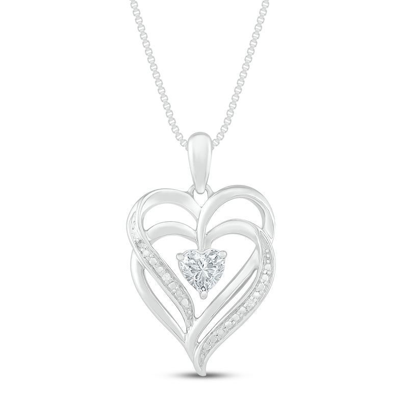 Main Image 1 of White Lab-Created Sapphire & Diamond Heart Necklace Sterling Silver 18&quot;
