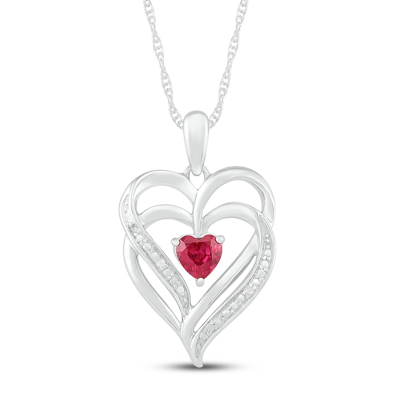 Main Image 1 of Lab-Created Ruby & Diamond Heart Necklace Sterling Silver 18&quot;