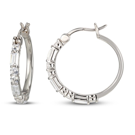 Kay White Lab-Created Sapphire Hoop Earrings Baguette/Round-cut Sterling Silver