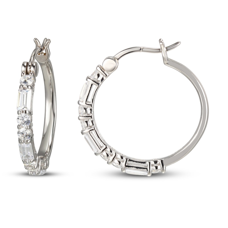 White Lab-Created Sapphire Hoop Earrings Baguette/Round-cut Sterling Silver