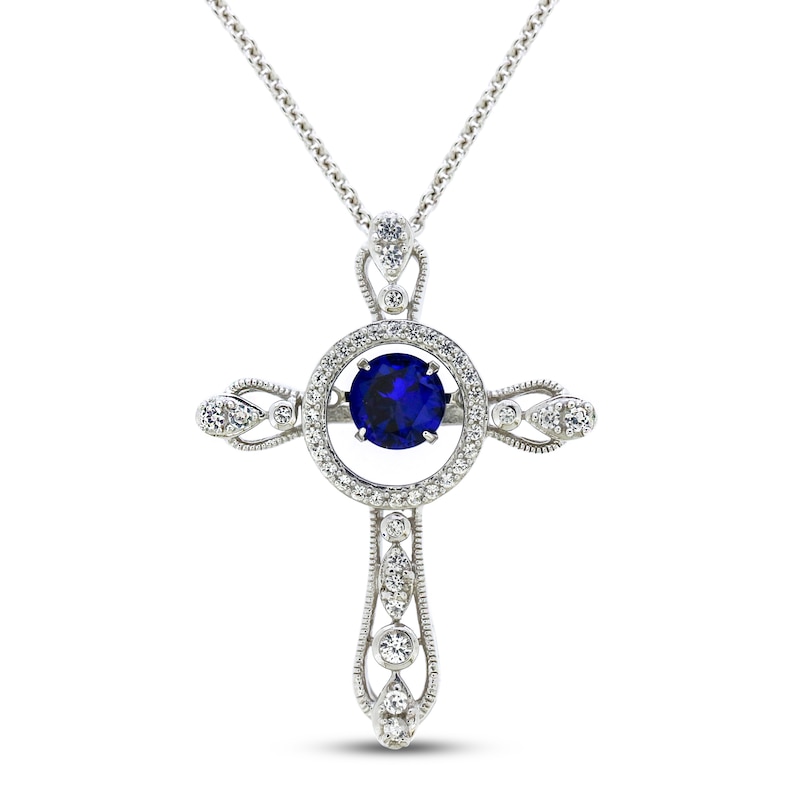 Main Image 1 of Unstoppable Love Blue & White Lab-Created Sapphire Cross Necklace Sterling Silver 18"