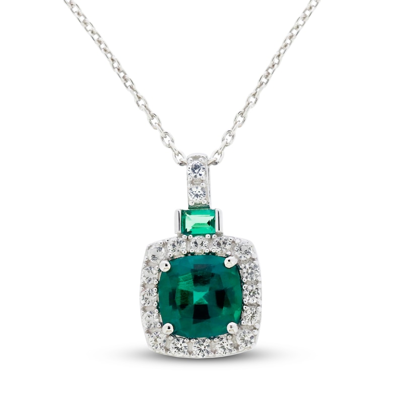 Main Image 1 of Lab-Created Emerald & White Lab-Created Sapphire Necklace Sterling Silver 18&quot;