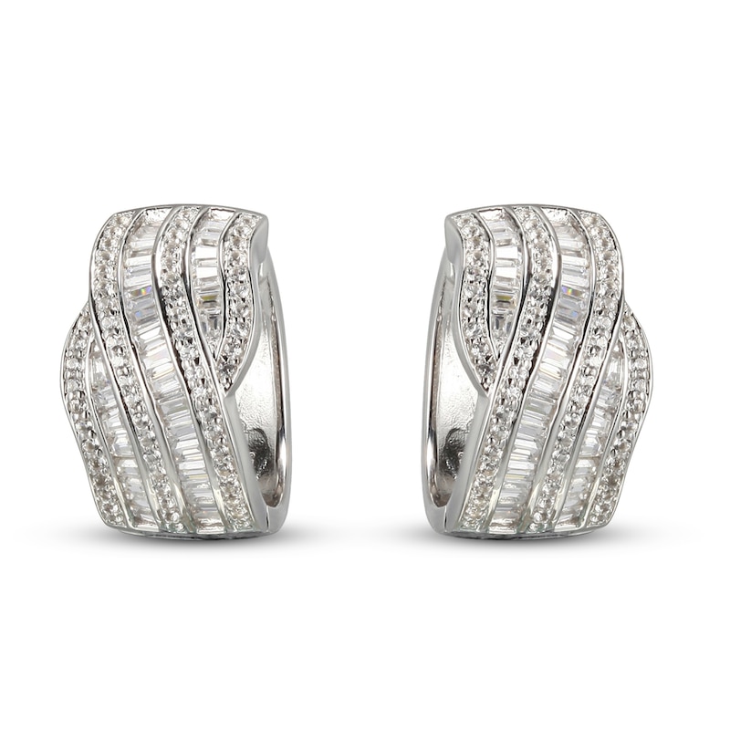 Main Image 1 of White Lab-Created Sapphire Hoop Earrings Baguette/Round-cut Sterling Silver