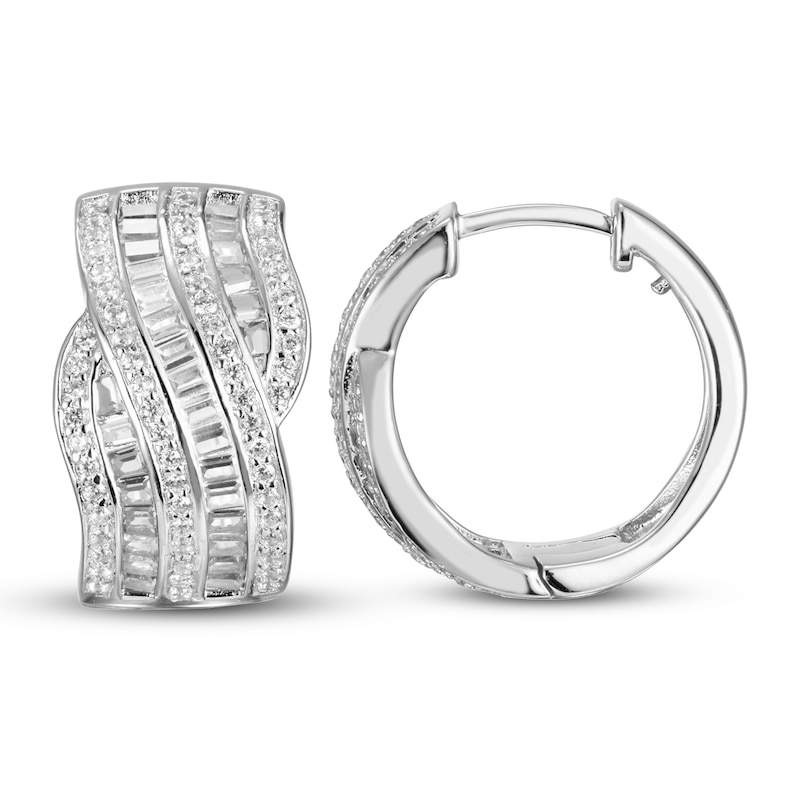 Main Image 2 of White Lab-Created Sapphire Hoop Earrings Baguette/Round-cut Sterling Silver