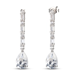 White Lab-Created Sapphire Drop Earrings Pear, Baguette & Round-cut Sterling Silver