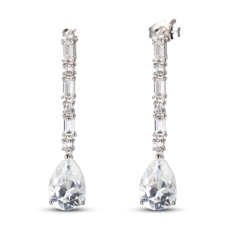 Main Image 1 of White Lab-Created Sapphire Drop Earrings Pear, Baguette & Round-cut Sterling Silver