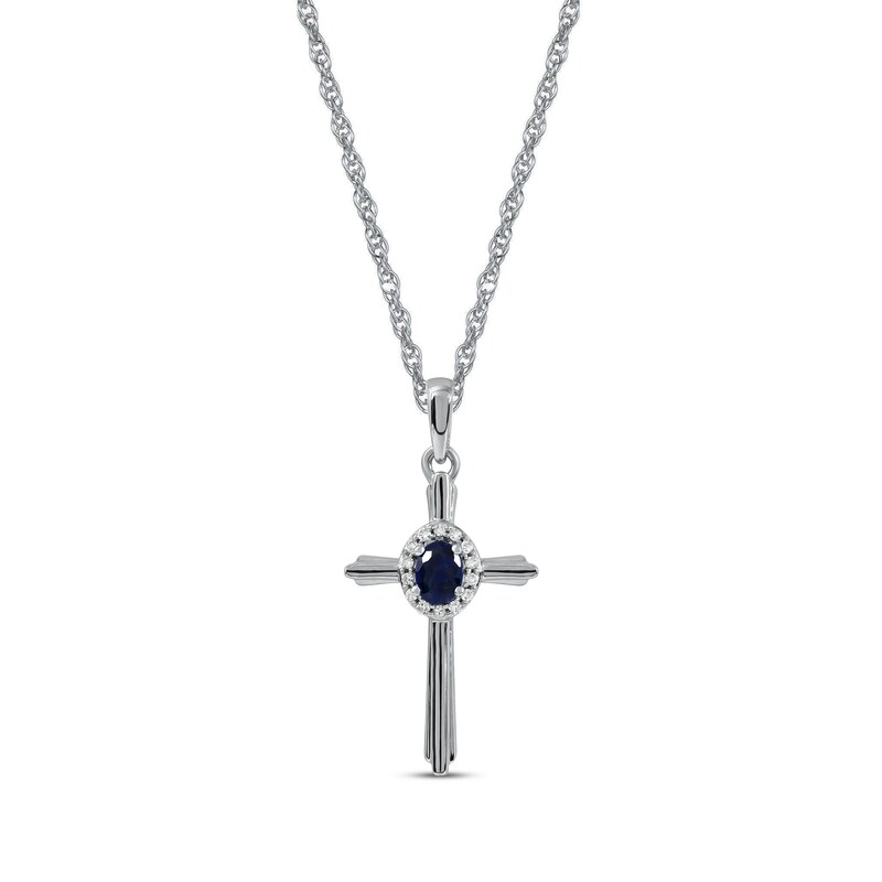 Blue Sapphire & Diamond Cross Necklace 1/20 ct tw 10K White Gold 18"