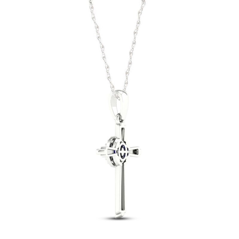 Blue Sapphire & Diamond Cross Necklace 1/20 ct tw 10K White Gold 18"