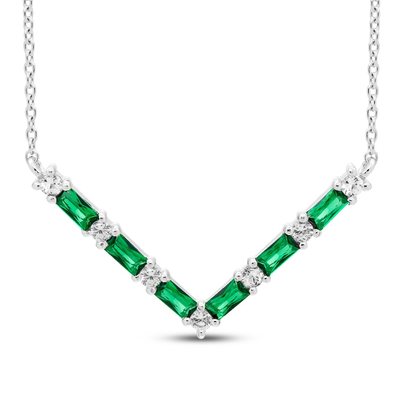 Main Image 1 of Lab-Created Emerald & White Lab-Created Sapphire Necklace Sterling Silver 18&quot;