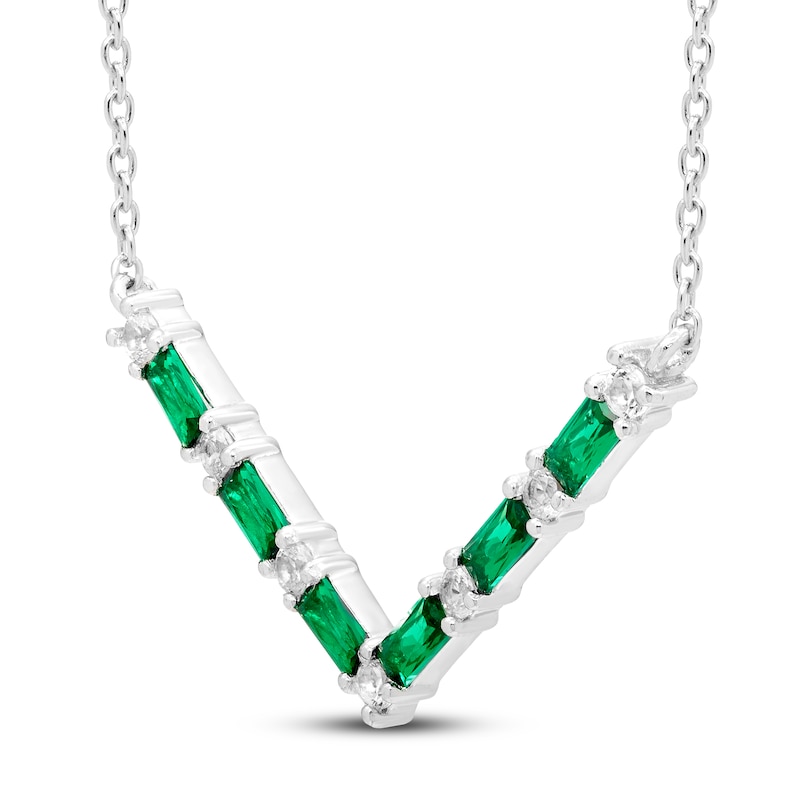 Lab-Created Emerald & White Lab-Created Sapphire Necklace Sterling Silver 18"