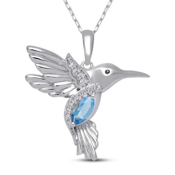 Blue Topaz & White Lab-Created Sapphire Hummingbird Necklace Sterling Silver 18