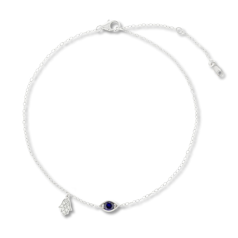 Main Image 1 of Blue & White Lab-Created Sapphire Hamsa Anklet Sterling Silver 11&quot; Adjustable
