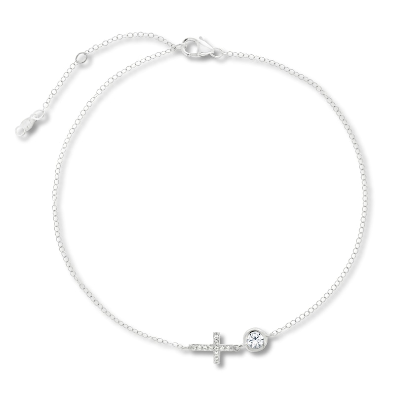 White Lab-Created Sapphire Cross Anklet Sterling Silver 11" Adjustable