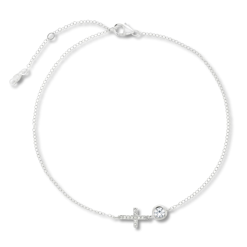 Main Image 1 of White Lab-Created Sapphire Cross Anklet Sterling Silver 11&quot; Adjustable