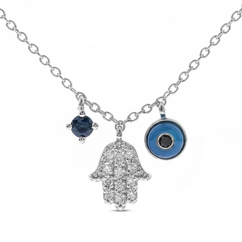 Blue Sapphire & Blue Chalcedony Hamsa Necklace 1/10 ct tw Diamonds Sterling Silver 18"