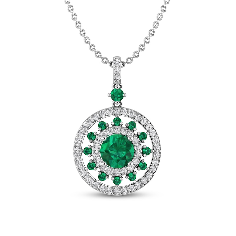 Main Image 1 of Lab-Created Emerald & White Lab-Created Sapphire Medallion Necklace Sterling Silver 18&quot;