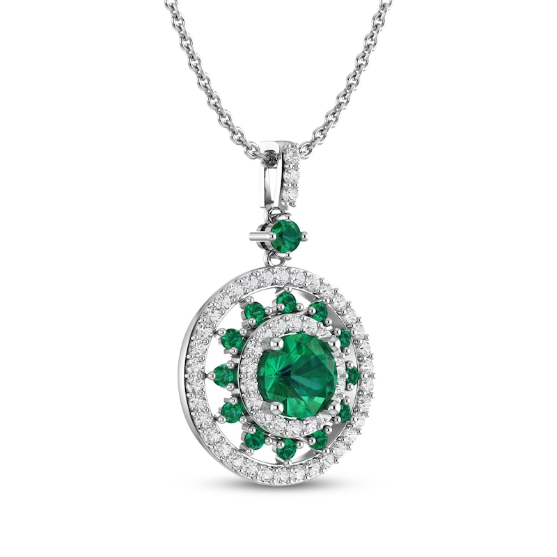 Lab-Created Emerald & White Lab-Created Sapphire Medallion Necklace Sterling Silver 18"