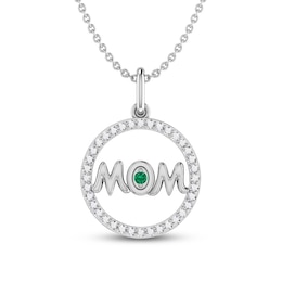 Lab-Created Emerald & White Lab-Created Sapphire Mom Necklace Sterling Silver 18"