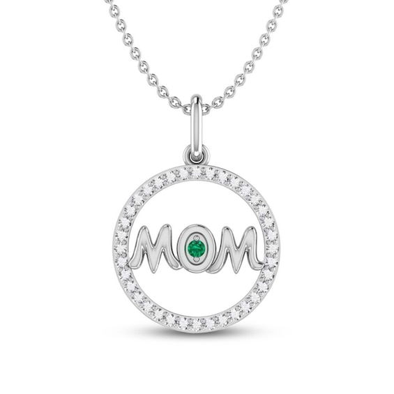 Lab-Created Emerald & White Lab-Created Sapphire Mom Necklace Sterling Silver 18"