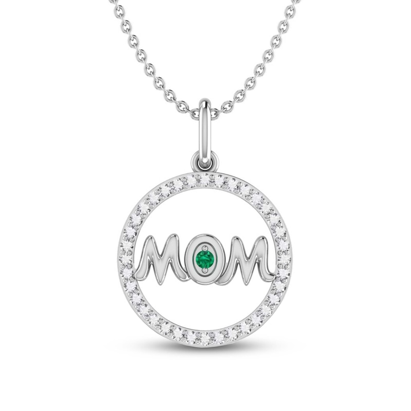 Main Image 1 of Lab-Created Emerald & White Lab-Created Sapphire Mom Necklace Sterling Silver 18&quot;