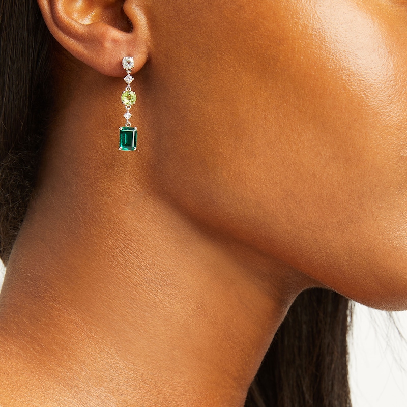 Vibrant Shades Lab-Created Emerald, Peridot, Green Quartz, White Lab-Created Sapphire Earrings Sterling Silver