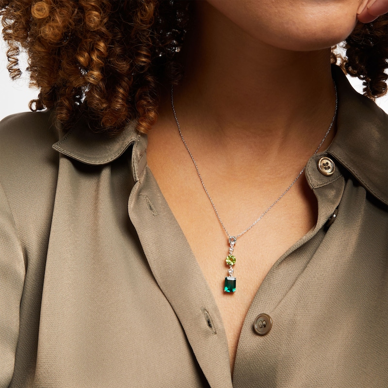Vibrant Shades Lab-Created Emerald, Peridot, Green Quartz, White Lab-Created Sapphire Necklace Sterling Silver 18"