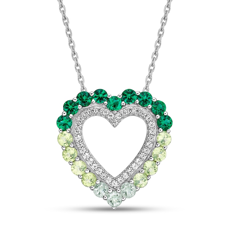 Main Image 1 of Vibrant Shades Peridot, Lab-Created Emerald, Green Quartz, White Lab-Created Sapphire Heart Necklace Sterling Silver 18&quot;