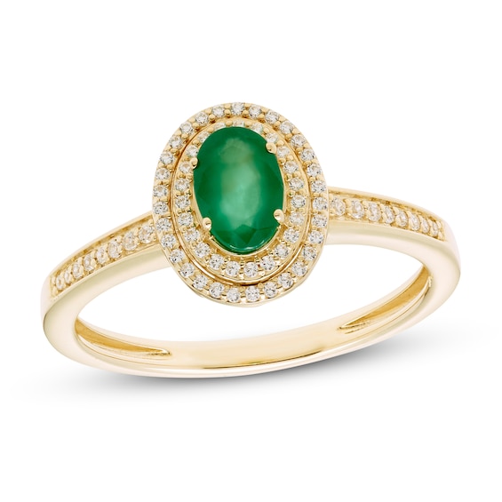 Emerald & Diamond Ring 1/6 ct tw Oval/Round-Cut 10K Yellow Gold | Kay