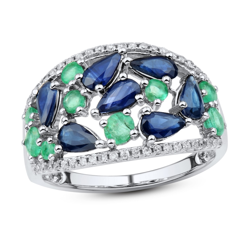 Main Image 1 of Blue Sapphire & Emerald Ring 1/8 ct tw Diamonds 10K White Gold