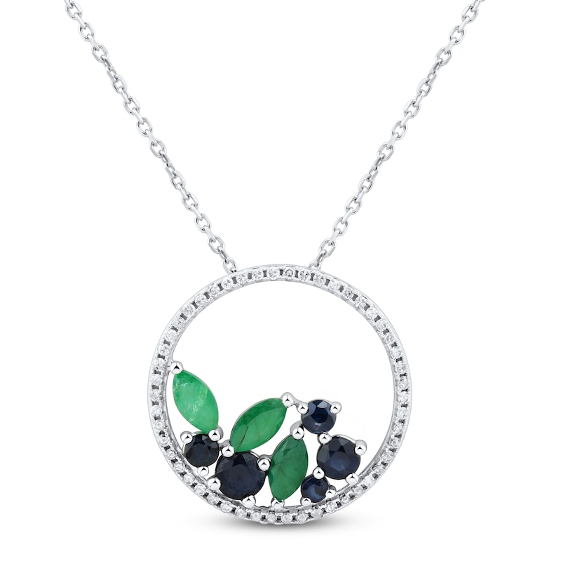 Main Image 1 of Blue Sapphire & Emerald Circle Necklace 1/6 ct tw Diamonds Round-Cut 10K White Gold 18&quot;