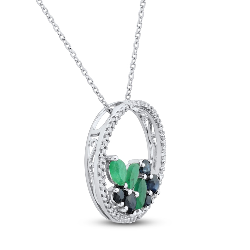 Main Image 2 of Blue Sapphire & Emerald Circle Necklace 1/6 ct tw Diamonds Round-Cut 10K White Gold 18&quot;