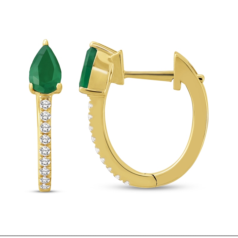 Main Image 2 of Emerald Hoop Earrings 1/8 ct tw Diamonds 10K Yellow Gold