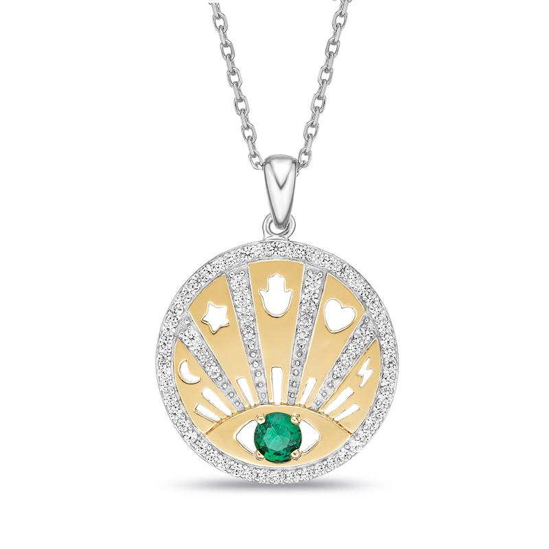 Main Image 1 of Lab-Created Emerald & White Lab-Created Sapphire Evil Eye Necklace Sterling Silver/10K Yellow Gold 18&quot;