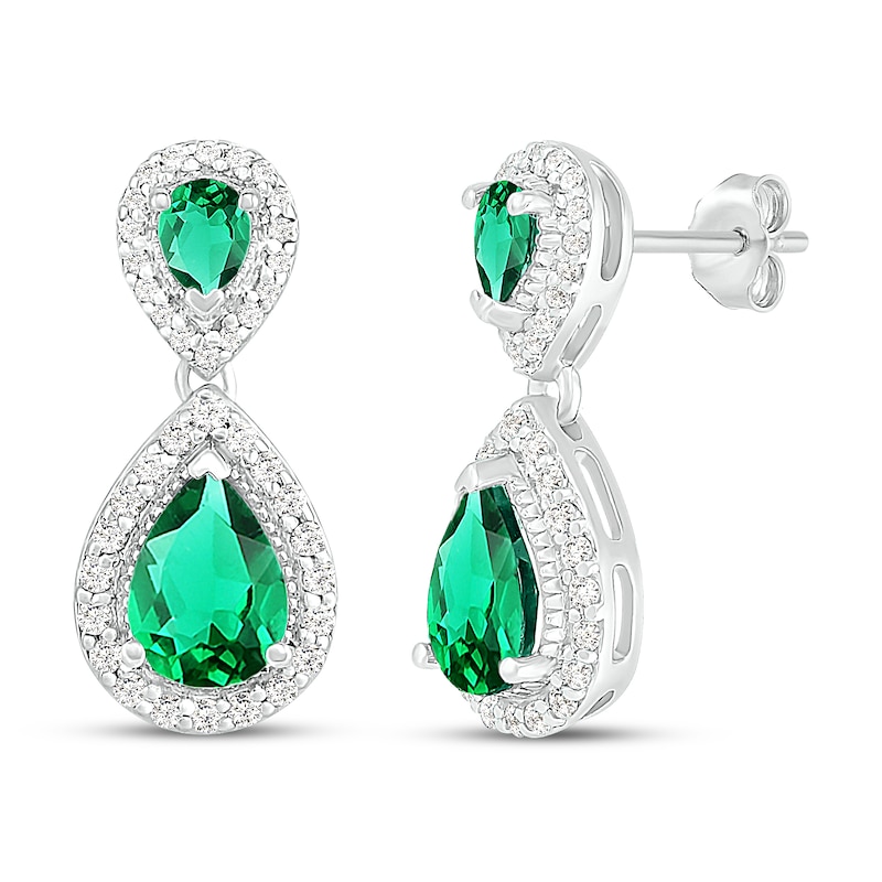 Lab-Created Emerald & White Lab-Created Sapphire Dangle Earrings Sterling Silver