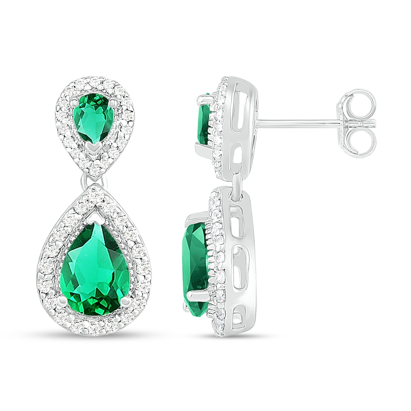 Lab-Created Emerald & White Lab-Created Sapphire Dangle Earrings Sterling Silver