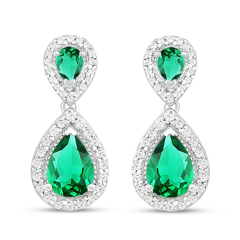 Main Image 3 of Lab-Created Emerald & White Lab-Created Sapphire Dangle Earrings Sterling Silver