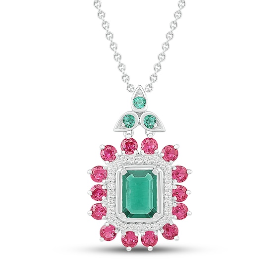Lab-Created Emerald/Lab-Created Ruby/White Lab-Created Sapphire Necklace Sterling Silver 18"