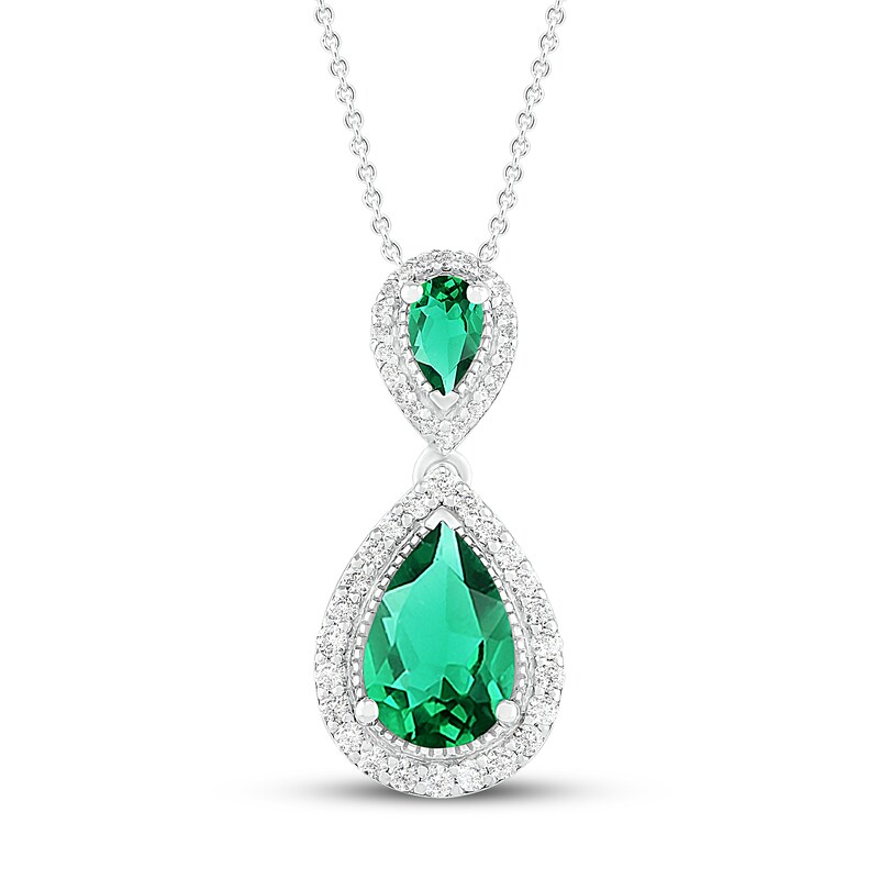 Main Image 1 of Lab-Created Emerald & White Lab-Created Sapphire Necklace Sterling Silver 18&quot;